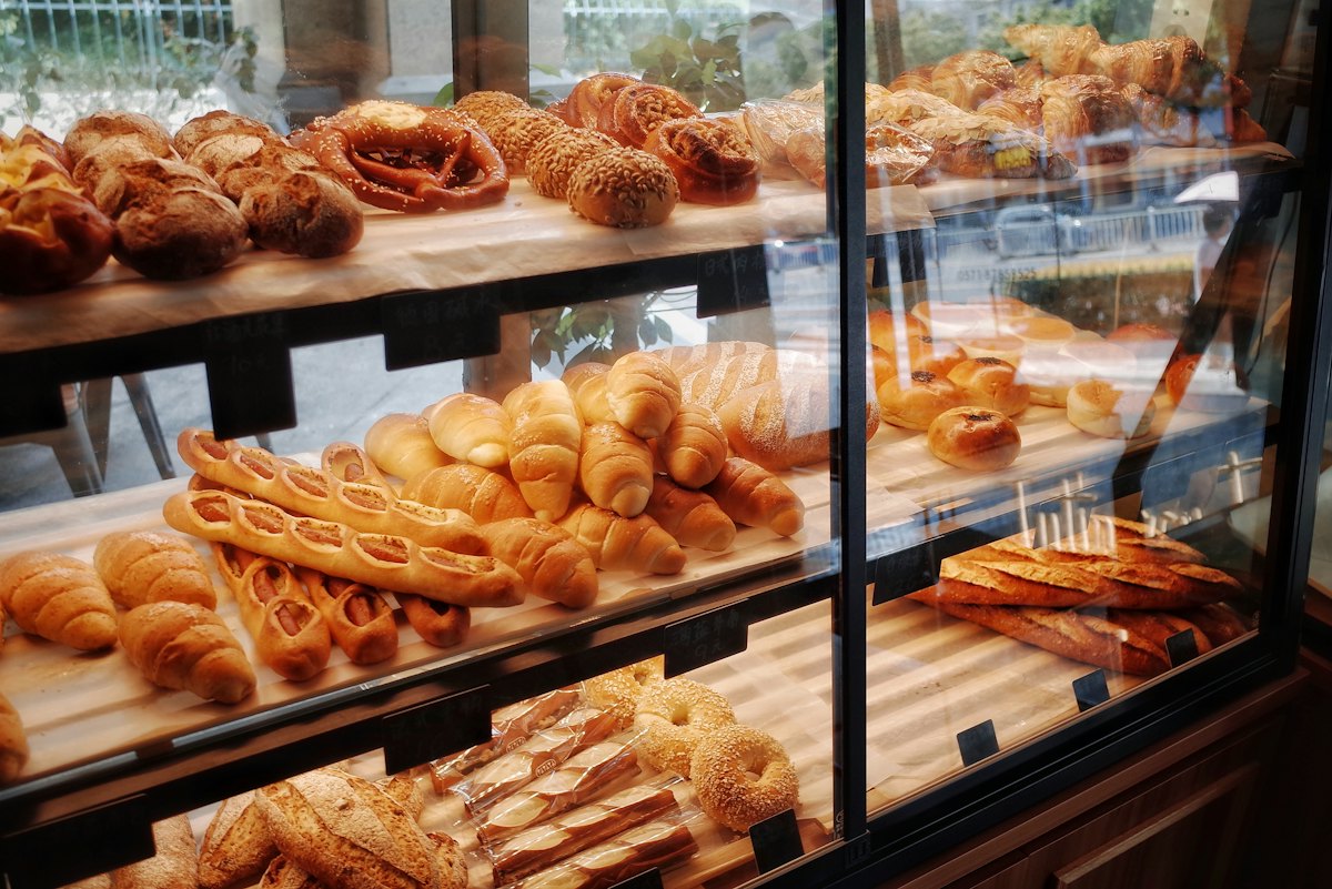 Bread and pastries on a display shelf
